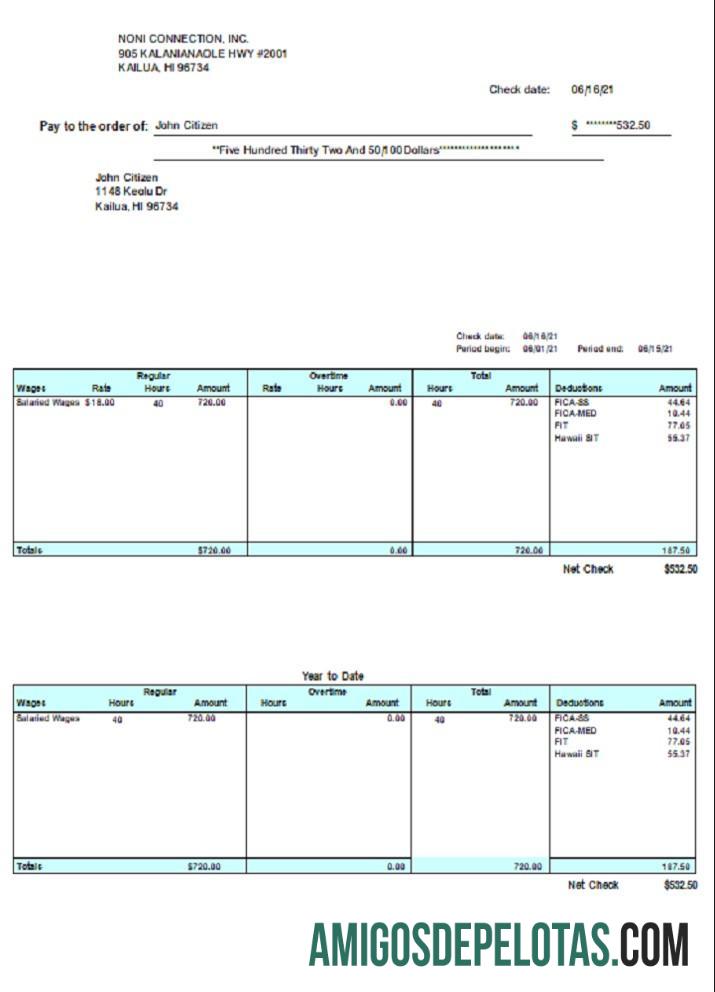 Esboço de pagamento HI dos EUA amostra